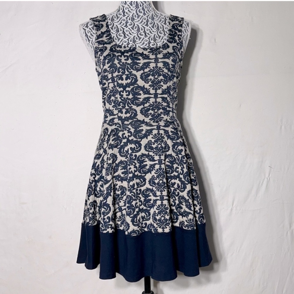 Mystic Cream Navy Textured Jacquard Fit And Flare Sleeveless Dress M Cottagecore